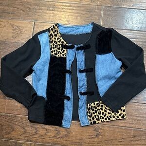 Trendy Kids' Black and Blue Denim‎ Jacket with Leopard Accents